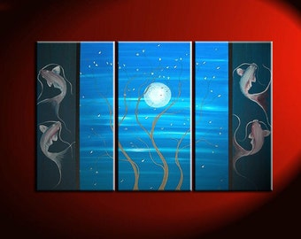 Blues Koi Fishes and Delicate Tree with Blossoms Painting Moon Cherry Blossom Triptych Original Art Custom 45x30