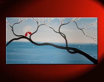 Light Blue Love Bird Painting Large Seascape and Cherry Blossom Art Huge Original Art Ocean and Moon Custom 48x24