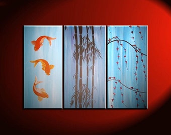 Beautiful Koi Fish Painting in Blues Triptych Wall Art Bamboo Cherry Blossoms Custom 45x30