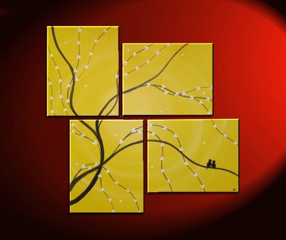 Original Painting Love Bird Wall Art Sunny Yellow Cherry Tree