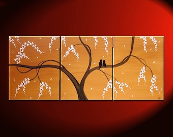 Love Birds Painting Ochre Beige Art Tree Painting Abstract Textured Art 48x20 Triptych CUSTOM