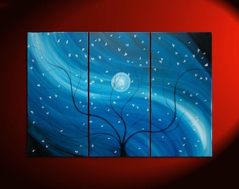 Originale fiore di ciliegio trittico pittura blu albero ramo parete arte asiatico Zen stile Custom Decor Midnight misterioso 45x30