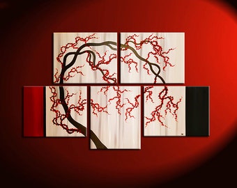 Cherry Blossom Tree Painting Unique Oriental Zen Asian Style Artwork Contemporary Wall Art Home Decor 56x36 Custom