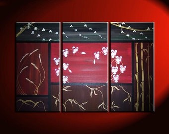 Orchids, Wheat, Cherry Blossoms, Vines and Bamboo Asian Composition Painting Wall Art Home Decor Custom 45x30