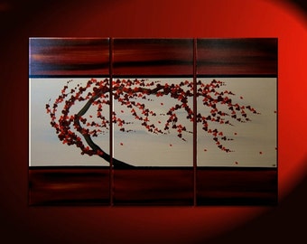 Plum Blossom Painting Custom Deep Rich Reds Textured Floral Tree Chinese Zen Style Original Art 45x30