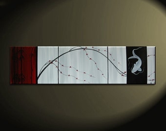 Asian Cherry Blossom and Koi Fish Painting Deep Rich Red White and Black Chinese Zen Style Original Art Custom 60x16