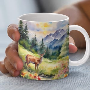 Scenic Mountain Forest Deer Mug Wrap, 11oz & 15oz Mug Template, Coffee Mug Design, Mug Sublimation Design, Instant Digital Download PNG