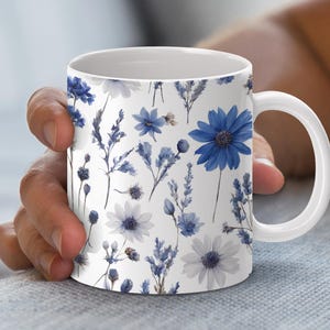 Floral Mug Wrap Design, 11oz 15oz Mug Template, Coffee Mug Art, Mug Sublimation Design, Blue White Flower Pattern, Instant Digital Download