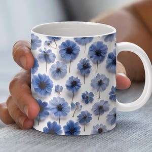 Blue Floral Mug Wrap Design, 11oz and 15oz Mug Template, Coffee Mug Design, Mug Sublimation Design, Instant Digital Download PNG