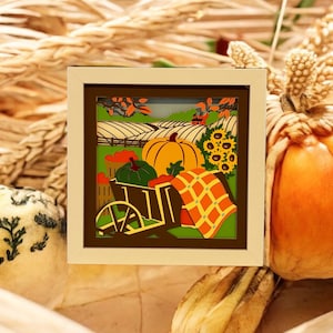 Fall Pumpkin Cart 3D Layered Cardstock Shadowbox. Handmade, Unique Home Decor Accent, Perfect Gift Idea, Layered Paper Art
