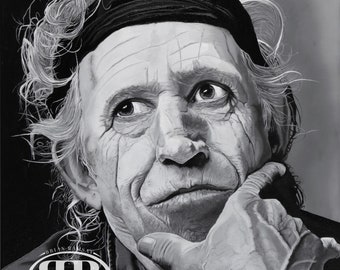 Keef- Originales 20 &quot;x 16&quot; Portrait von Keith Richards, Monochrom, Öl auf Leinwand