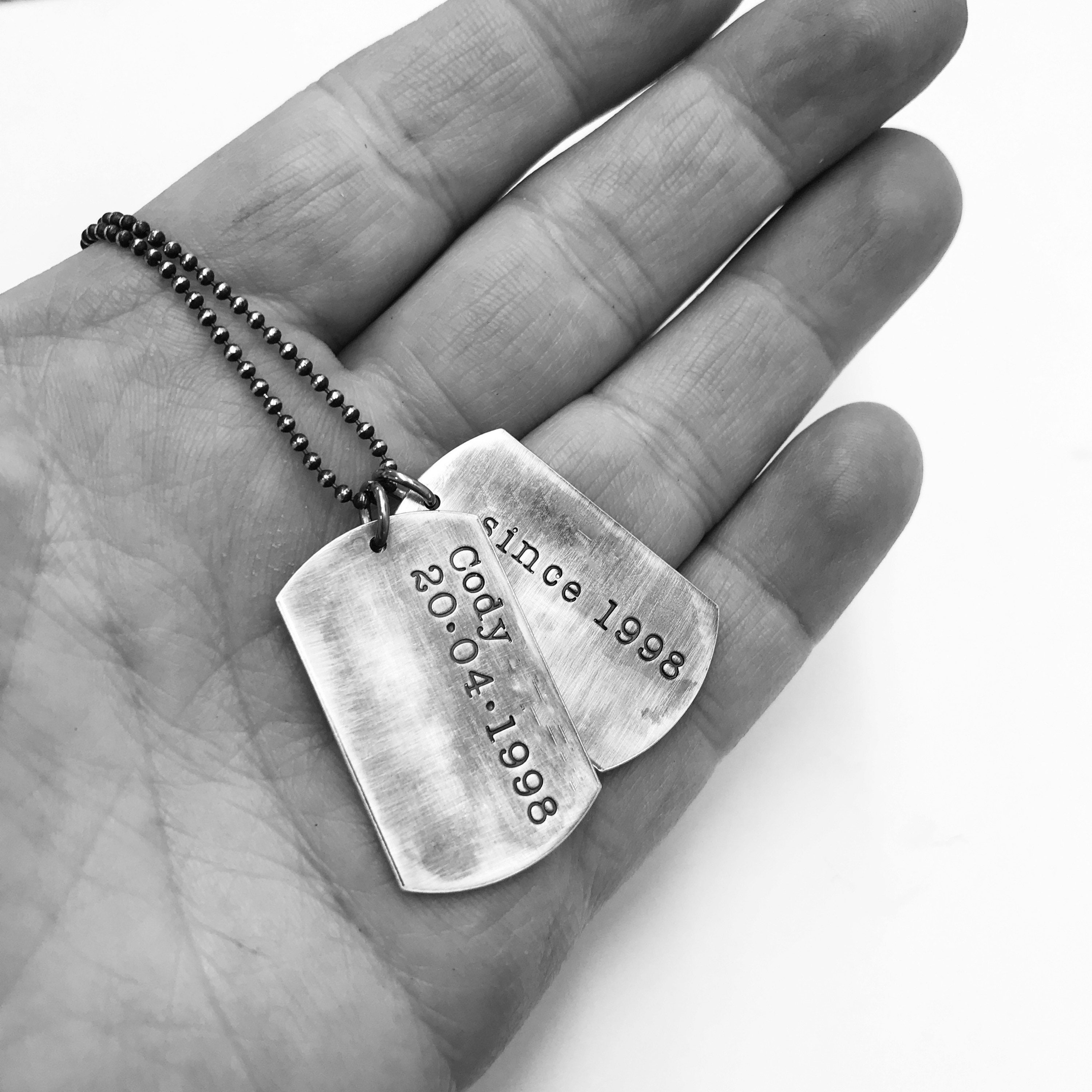 2 Personalized Dog Tags Necklace, Two Army ID Tag With Text, Coordinates  Necklace for Men, Solid Sterling Silver With Ball Chain H107 