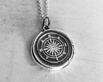 Silver Compass Necklace Vintage Inspired Pendant - Fine Silver Wax Seal Necklace - Travel Necklace Direction Charm Christmas Gift