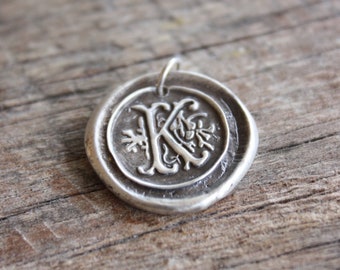 Vintage Inspired Initial Pendant - Handmade Fine Silver Wax Seal Jewelry - Rustic Letter Monogram Necklace Charm