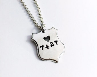 Police Badge Necklace - Officer Wife Jewelry - Personalized Handmade Silver ID Number Charm