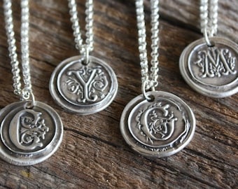 Fine Silver Wax Seal Stamp Necklace - Vintage Inspired Letter Initial Pendant