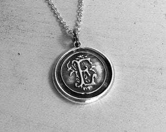Vintage Inspired Initial Pendant - Handmade Fine Silver Wax Seal Jewelry - Rustic Letter Monogram Necklace Charm