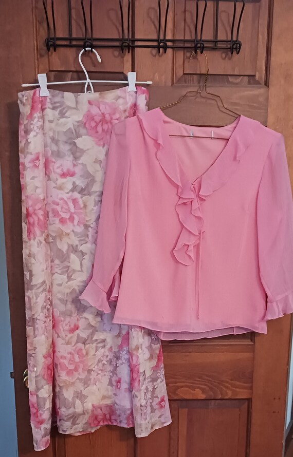 Pretty Coral Floral Skirt and Chiffon Top - both l
