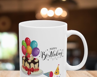 Conception d'emballage de tasse d'anniversaire PNG : sublimation de gâteau et de ballons SVG, fichier à téléchargement numérique.