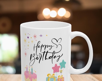 Happy Birthday Mug Wrap Design: Cake, Gifts, Balloons PNG SVG (Digital Download file)