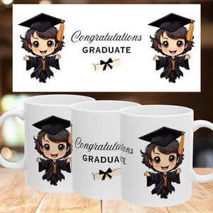 May include: Two white ceramic mugs with a graduation theme. Each mug features a cartoon illustration of a graduate wearing a black cap and gown, holding a diploma. The text "Congratulations GRADUATE" is printed on the mugs.