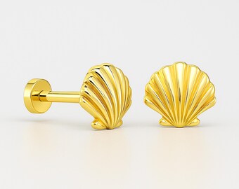 14K Gold Sea Shell Piercing, Tiny Helix Tragus Earring