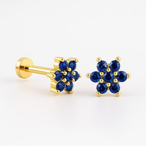 14K Gold Sapphire Floral Stud Earring, 18G Tragus Conch Piercing