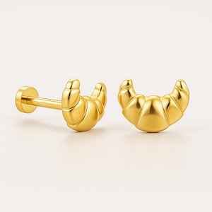 14K Gold Croissant Ohrring, Bäckerei Ohrstecker, Conch Ohrring 18G, 14K Knorpel Piercing, Schraube Flat Back Helix, Foodlover Schmuck