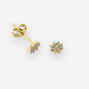 14K Solid Gold Tiny CZ Flower Blossom Stud Earrings, Little Girl Studs, Dainty Floral Studs Push Back, Internally Threaded Ear Cartilage