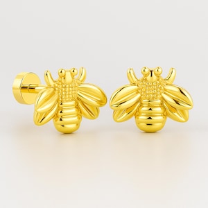 14K Gold Dainty Bee Stud Earring, Honey Bee Tragus Piercing, Dainty Tiny Animal Stud, Cartilage Flatback Piercing, Tiny Bee Studs for a Girl