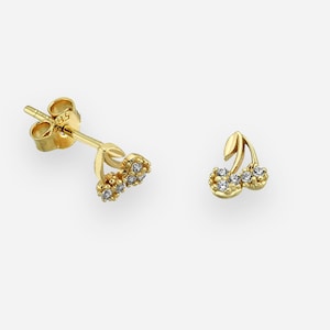 14K Solid Gold Dainty Cherry Stud Earring, Cute Cartilage Stud, Delicate Gemstone Earring, Tiny Piercing, Cute Fruit Jewelry, Floral Earring
