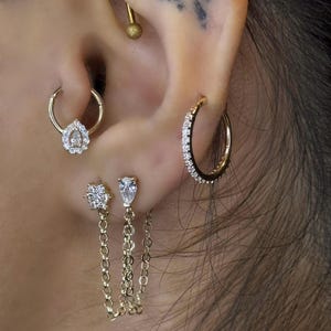 14K Gold Dangle Earrings, Double Stud Drop Earrings, Dainty Stud Earring, Gold Chain Earrings, Two Hole Studs, Solid Gold Double Piercing