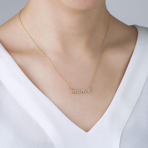 14K Solid Gold Mother Necklace, Dainty CZ Mama Necklace, 14K Yellow Gold Mom Pendant Necklace, Mama Letter Necklace, Necklace Gift For Mom