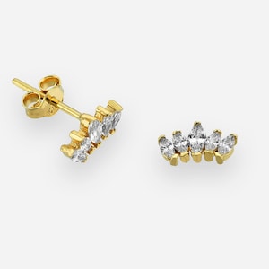14K Real Gold Curved Climber Earring, Marquise Cut Stud, Dainty Gemstone Cluster Earring, Minimalist Design Jewelry, Handmade Fine Jewelry