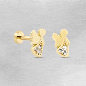 14K Gold Engel Ohrstecker, Minimalist Engel Ohrstecker, Knorpel Piercing 18G, Zierliche Engel Piercing, Baby Engel Ohrring, Schmuck Geschenk für Mama