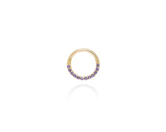 14K Solid Gold Amethyst Birthstone Hoop Clicker: Septum, Daith, Conch, Rook Piercing