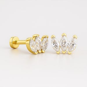 14K Gold Tragus Earring Marquise Cut Lobe Cartilage Dainty Ear Flat Back Helix Stud 18G 6mm 8mm Conch Piercing Minimalist Stud Earring