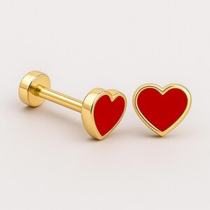 14K Gold Heart Piercing, Red Heart Earring, Tragus Piercing, Love Stud, Valentine's Day Jewelry Gift Jewelry, Heart Earring for Girlfriend