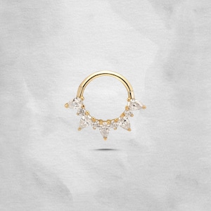 Anillo de oro macizo de 14 quilates con forma de luz solar y ópalo, piercing para el tabique nasal con bisagras sin costuras, piercing para el trago, piercing para el hélix, anillo para la nariz segmentado, anillo Daith dorado