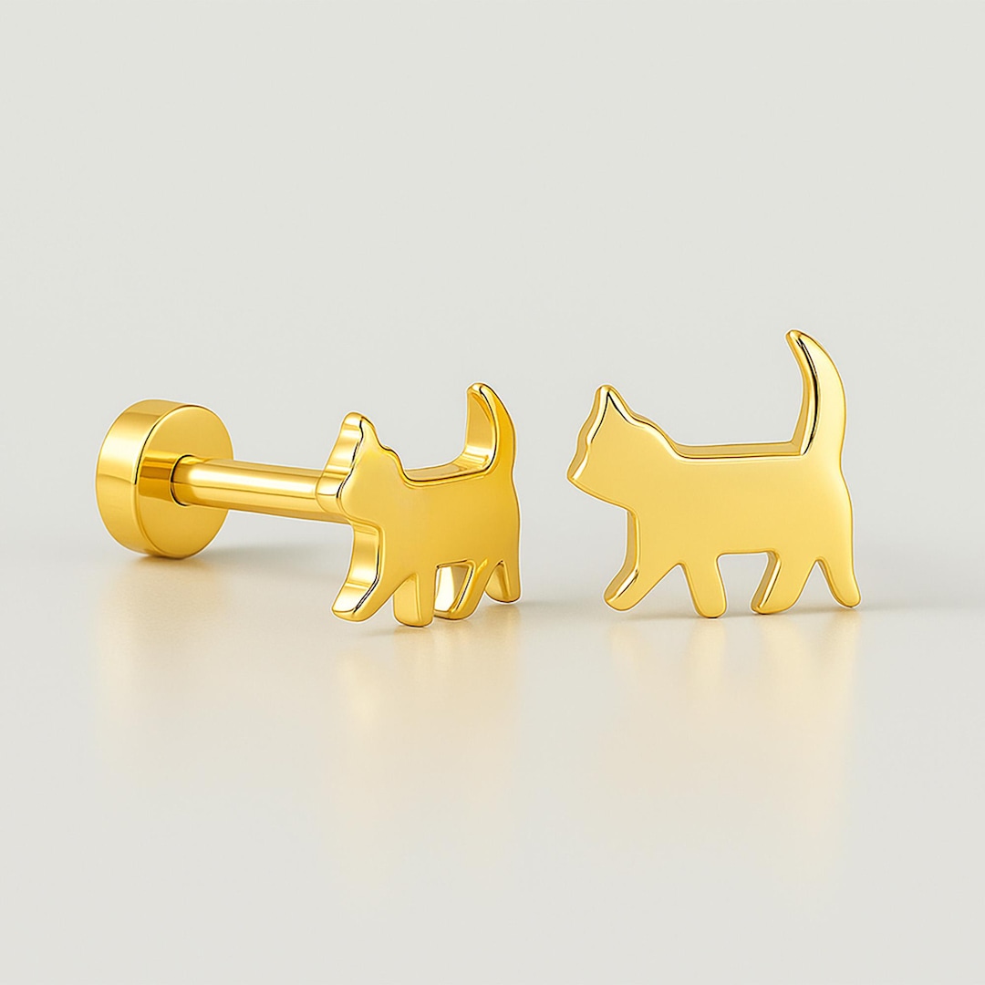 14K Solid Gold Cat Stud Earring, Valentines Day Jewelry Gift, Tiny Cat ...