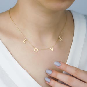 14K Solid Gold Love Pendant Necklace, Yellow Gold Love Charm Necklace, Dainty Minimalist Romantic Necklace, Love Word Necklace for her