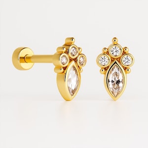 14K Gold Marquise CZ Cluster Stud Earring: Helix, Conch, Tragus Piercing