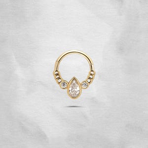 Piercing en forme de larme en or massif 14 carats, cliquet hélicoïdal articulé sans couture, cerceau à cliquet tragus, boucle d'oreille Daith 18G, anneau de septum, anneau de septum opale