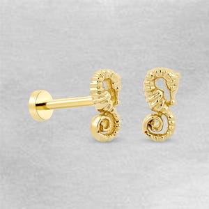 Orecchino cavalluccio marino in oro 14K, piercing animale marino, orecchino trago cavalluccio marino, perno cartilagine, delicato animaletto piatto, gioielli marittimi 14K