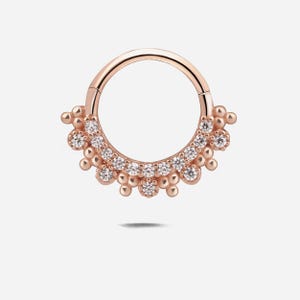 Op de afbeelding: Roségouden septumring met een scharnierend ontwerp. De ring is versierd met meerdere heldere, rondgeslepen edelstenen en kleine, ronde accenten, waardoor een decoratieve, cirkelvormige vorm ontstaat. De sieraden zijn geplaatst tegen een effen witte achtergrond.