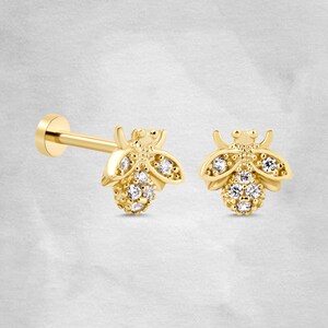 14K Solid Gold Dainty Bee Stud Earring, Honey Bee Tragus, Dainty Tiny Animal Stud Earring, Cartilage Flatback Piercing, Summer Style Earring
