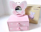 Girls Jewelry Chest, Mele pink wood box, Butterfly mirror top, floral two drawer, dresser trinket box, jewelry box, glitter keepsake box,