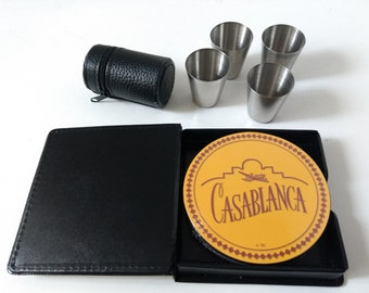 Hunting Stirrup Cups, Casablanca coasters, faux leather cases, portable beakers, 4 small stacking cups, travel Barware zippered case