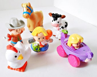 Six Fisher Price Little People Figures Farm Animals Cow with Calf, Horse, Chicken Farmer Boy Girls Game Pcs party supply favors cake toppers