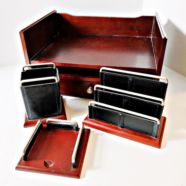 Wood desk organizer 2 tier 5 piece set, drawer pencil cup, faux leather & metal, important in out box, letter note rack, business card tray,